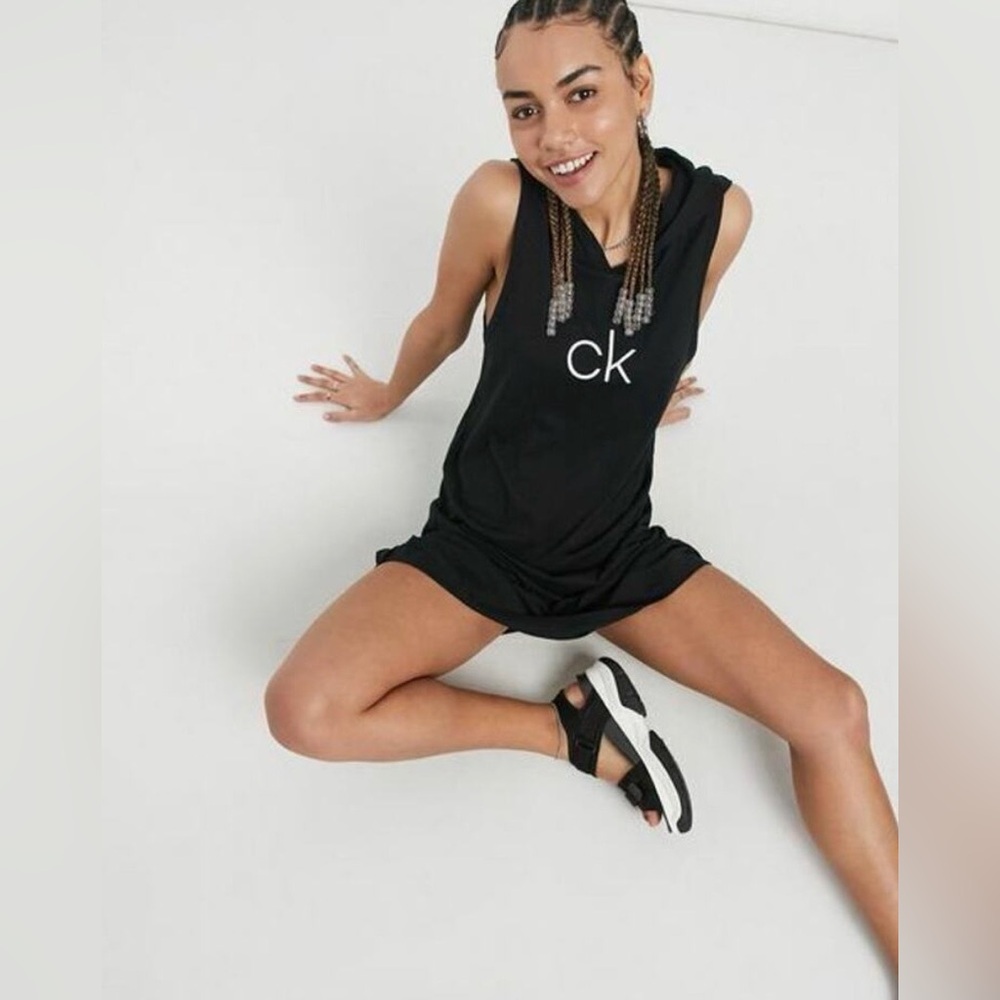 Calvin Klein CK Swim Sharkite Logo Beach Hooded Black Cover up size S/M